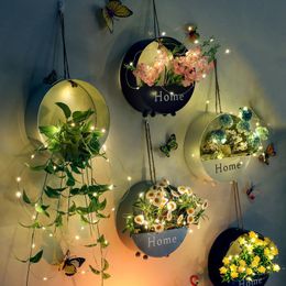 Nieuwheid items Noordse muurhangende bloempot met lichte kunstmatige bloemen nep plantenster tuin wijnstok planten houder woonkamer decoratie 230818