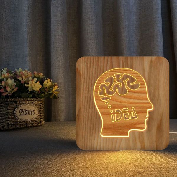 Articles de nouveauté Nouveauté forme de cerveau 3d LED lampe en bois Usb bois creux sculpture lampe de Table cadeau créatif pour enfants décoration de la maison éclairage 231208