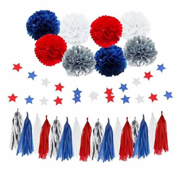 Articles de nouveauté Décorations de fête patriotique Ensemble Pompons Fleurs Feuille Fringe Star Streamers USA Bunting Independence Day Party Supplies Z0411