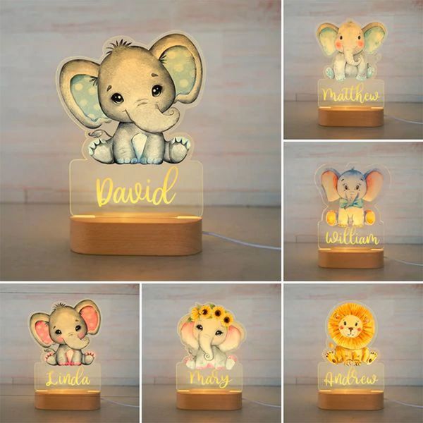 Nouveauté Articles Personnalisé Bébé Éléphant Lion LED USB 7 Couleurs Veilleuse Nom Personnalisé Lampe Acrylique Pour Enfants Enfants Chambre Décoration De La Maison 230821