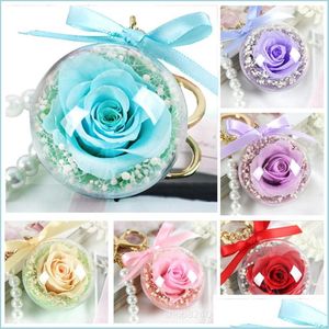 Nieuwheid items Rose Keychain Diy Eternal Flower Hangende hanger Clear Acryl Ball Gift Transparant Sphere Valentines Decorat Dh2WP