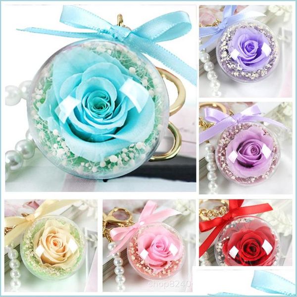 Articles de nouveauté Rose Porte-clés Diy Fleur Éternelle Pendentif Suspendu Effacer Boule Acrylique Cadeau Sphère Transparente Valentines Decorat Dh2Wp