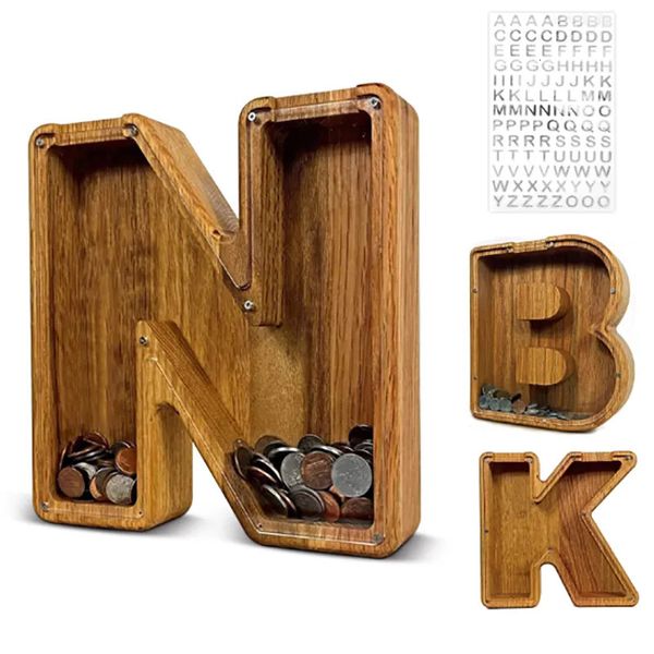 Articles de nouveauté Vingt-six alphabet anglais Tirelire Coin Money Tirelire Lettre en bois Boîte d'économie Ornement de bureau Décoration de la maison Artisanat pour enfants 231202