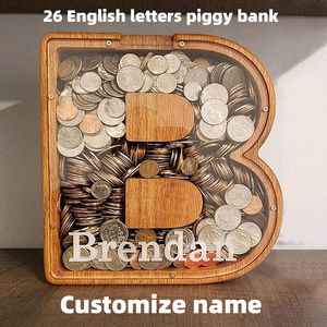 Novelty Items Twenty-six Letter Piggy Bank Wooden Coin Money Saving Box Jar Coins Storage Desktop Ornament Home Decor Crafts 230428