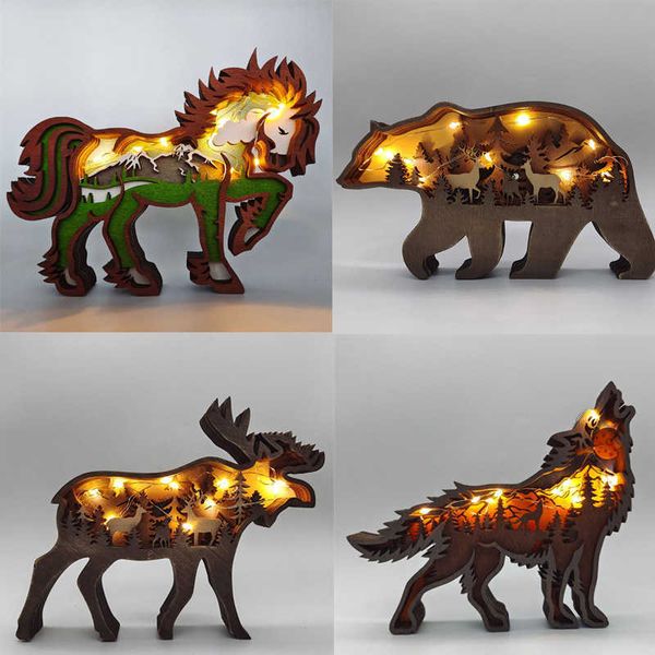 Artículos novedosos Animal de madera Lobo Estatua Creatividad Wolf Totem Oficina Hogar Decorar Artesanía Regalo de Navidad North Forest Elk Brown Bear Adornos G230520