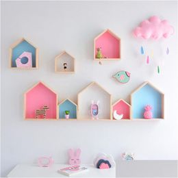 Noviteiten Houten Kleine Huisvorm Decoratieve Plank Opbergrek Ambachten Ornamenten Houder Muur Hangende Decoratie Babykamer Thuis Dhvyc