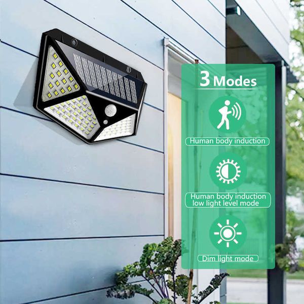 Iluminación novedosa 100 LED Luz solar 3 modos PIR Sensor de movimiento Lámpara de pared alimentada por luz solar Decoración de jardín impermeable al aire libre Luz gran angular P230403