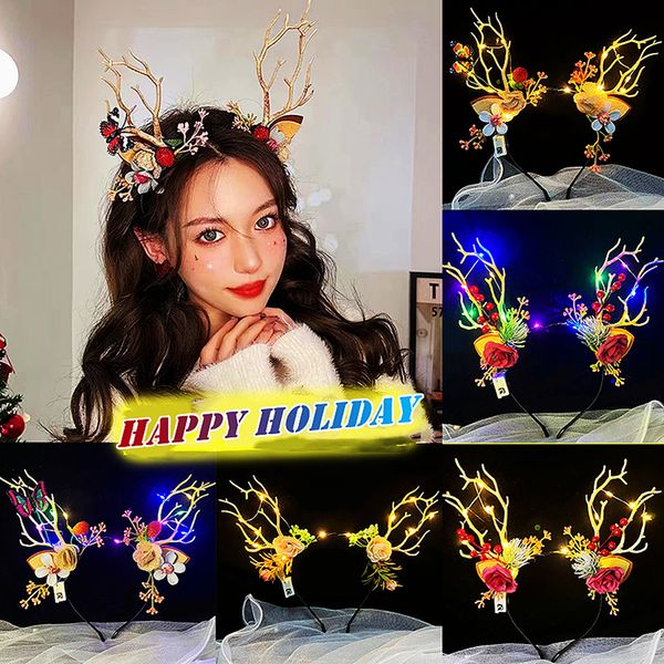 Nouveauté éclairage ked Deer Antler Fleur Couronne Bandeaux Branches D'arbres Papillon Cosplay pour Halloween Noël Fête De Mariage Woodland Fairy Costume