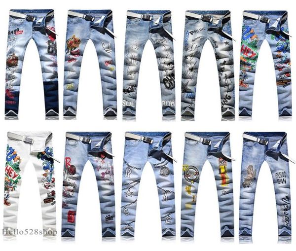 Pantalones de jeans estampados de algodón suave de novedad para hombres Fit de personalidad delgado Dibujo de pantalones rectos Skinny STRING249F2002735