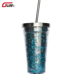 Nouveauté Acier Inoxydable Chaud Et Froid Tasses À Boire Double Paroi Gobelet Avec Paille Tasses À Café 500ml Diamant Irrégulier Avec Couvercle T200506