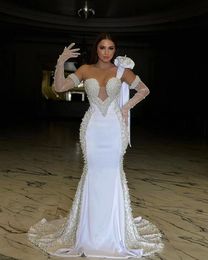 Novia Elegant Vestidos Middle East White Mermaid Wedding Dress One Shoulder Pearls Lace Strapless Luxious Engagement Gowns Sweep Train African Robe De Soree