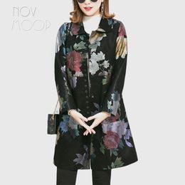 Novmoop automne hiver rétro imprimé floral en peau de mouton véritable veste en cuir femmes mince long manteau chaqueta mujer LT2841 201030