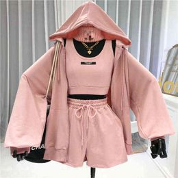 NowSAA Sexy Letter Vest Drawing String Shorts Hooded Zipper Jacket Tracksuit driedelige set Casual all-match pak Women 2022 T220729