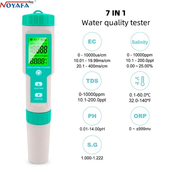 Noyafa 7 en 1 Ph / TDS / EC / ORP / Salinité /.g/Temperature Metter Water Quality Tester pour l'eau potable, Aquariums Farmland PHeter