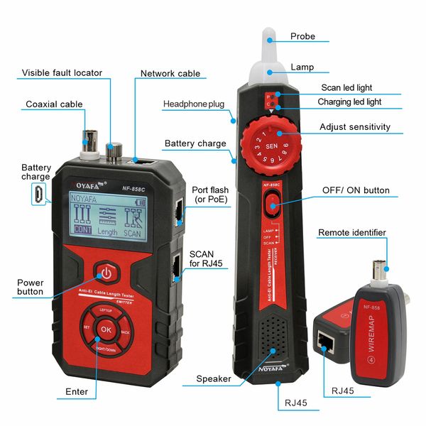 NOYAFA NF-858C Localizador de la línea de cable RJ11 RJ45 BNC Portador de cable de cable portátil Cable buscador para pruebas de cable de red