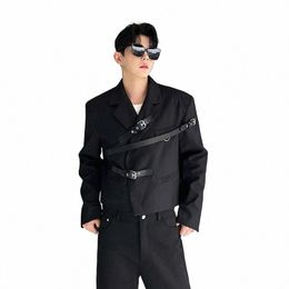 Noymei Asymétrique Design Ceinture Decorati Noir Costume Court Veste Style Coréen Fiable All-match Mâle Blazer Automne WA1942 V3vv #