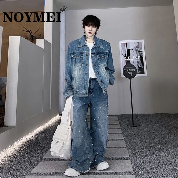 NOYMEI AUTOMNES SUITS PEARL RIVET DÉCORATION DENIM Veste de revers droite Ligne large Jean Loose Deux pièces Set WA2949 240419