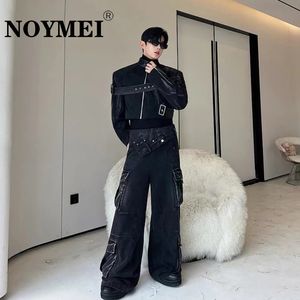 Noymei à la mode pour hommes denim deux pièces ensemble couleur unie d'automne hivernais cargo large jambe large jean veste courte wa3035 240429