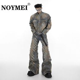 Noymei mannelijke niche -vernietiging micro hoorn gescheurde jeans spijkerbroek jas set set met borsten kraag vintage mode wa2606 240415