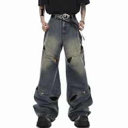 Noymei Mâle Y2K Jeans High Street Patchwork Lâche Hommes Creux Out Trendy Vintage Métal Butt Droit Denim Pantalon Large Jambe WA1321 M0bw #