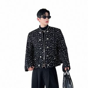 Noymei lentejuelas estilo coreano confiable chaqueta corta de los hombres de lana negro cremallera doble botonadura decorati otoño abrigo WA2980 g3nL #
