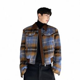 Noymei Court Plaid Design Veste Fiable Style coréen Revers Ctrast Couleur Manteau de laine Marée d'hiver Zipper Beau WA1933 u0Al #