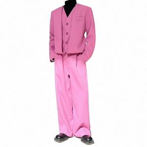 Noymei Printemps Casual Rose Faux Deux Pièces Court Blazer Droit Pantalon à Jambes Larges Hommes Fi Couleur Vive Ensemble 2024 WA3623 r3jP #