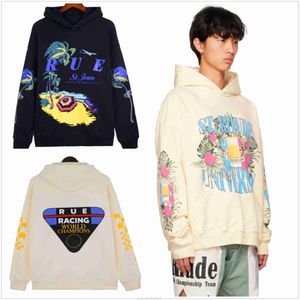 Npfq Hommes Femmes Sweatshirts Rhude Designer Vintage Modèles Littéraires Imprimés Épaule Tombante Lâche À Motifs Cocotier Imprimé Racing Terry Cloth Chandails