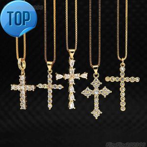 NS1082 haute qualité diamant Christian Religion bijoux plaqué or chaîne en acier CZ Micro pavé croix pendentif collier