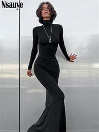 Nsauye Maxi Bodycon Dres Lange Mouw Outfits Elegante Mode Sexy Feestavond Club Wrap Zwarte Winter Coltrui 231228