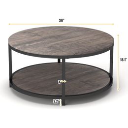 Mesa de café redondo NSDirect, mesa de café de 36 "para sala de estar, escritorio de madera rústica de 2 niveles con estante de almacenamiento de diseño moderno