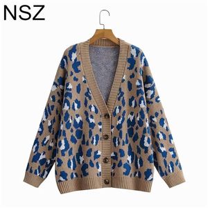 NSZ Mujeres Animal Print Leopard Oversize Knit Sweater Cardigan Gran tamaño Knitwear Jacket Coat Jumper Jersey Mujer Pull Femme 211218