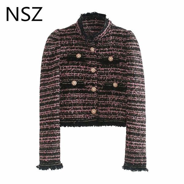 NSZ Mujeres Houndstooth Tweed Chaqueta recortada Manga larga Borla Plaid Abrigo corto Botón de perla Color de contraste Chaqueta de motocicleta 201023