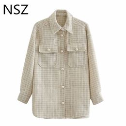 NSZ, chaqueta de camisa a cuadros de gran tamaño para mujer, sobrecamisa a cuadros de gran tamaño, abrigo, blusa con botón de perla, prendas de vestir exteriores, chaqueta 211014