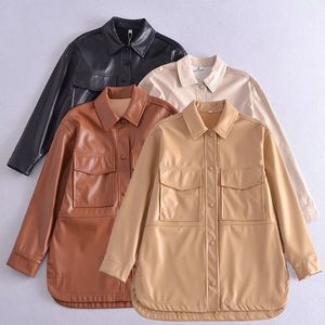 NSZ Mujeres de gran tamaño PU Chaqueta de cuero de imitación Otoño Camisa de moda Abrigo de manga larga Ropa exterior para mujer 201030