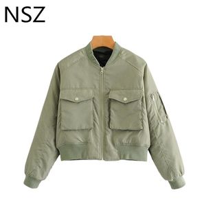 NSZ Femmes Surdimensionné Hiver Bomber Veste Manteau Rembourré Moto Biker Pilote Crop Top Grande Taille Femme Parkas Survêtement Militaire Vert 210819