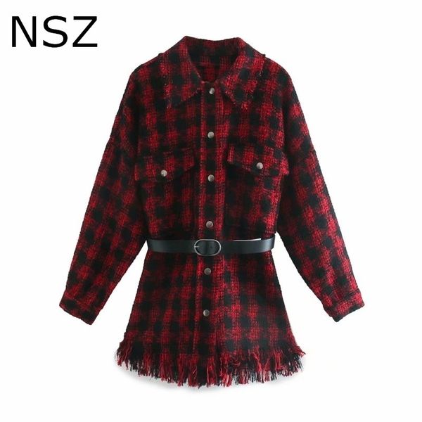 NSZ, chaqueta de tweed de gran tamaño de pata de gallo roja para mujer, abrigo de mezcla de lana a cuadros de otoño, abrigo con cinturón y borlas a cuadros, chaqueta para mujer 201120