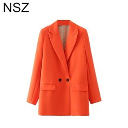 NSZ femmes Orange Blazer Double boutonnage bureau costume veste femme surdimensionné élégant Chic travail grande taille manteau tenue printemps 220402