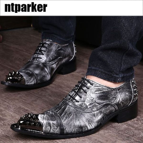 Zapatos de moda de tipo coreano, zapatos de vestir de cuero informales para hombre, zapatos de vestir de fiesta de negocios grises, zapatos de hombre con punta de hierro, tallas grandes 38-46