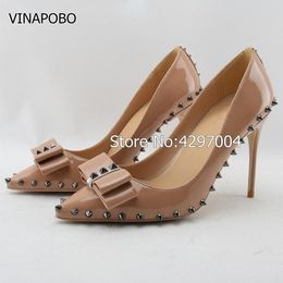 Chaussures habillées couleur nude talons hauts cuir PU verni marque exclusive aiguille Rivet pointu femmes célibataires 10cm 12cm 8cm