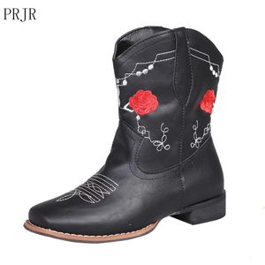 Bottes en Pu brodées mi-mollet pour femmes, chaussures de styliste à talons épais et bout pointu, Cowboy pour chevalier Botas Femininas 984 160