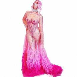 Perspective Gaze nue Brillant Rose Rhinestes Sexy Lg Plis Dr Pour Les Femmes Soirée Vêtements De Bal Costumes De Scène e9t0 #