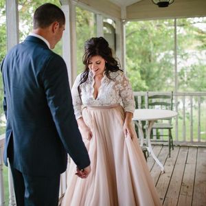 Vestidos de novia de escote en V con cuello en V de color marfil oscuro, de talla grande, manga larga, cintura imperio, vestido de novia de playa Vestidos de novia estilo country a medida