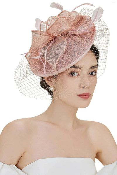 Fascinator rosa nudo del tea party di Sinamay per le donne Kentucky Derby Hat Pillbox Fermaglio per capelli Cocktail Abito da sposa Fascia