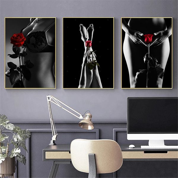 Póster de flores rosas desnudas, impresiones en lienzo, imágenes artísticas de pared para mujer Sexy para sala de estar, decoración del hogar, decoración interior en blanco y negro