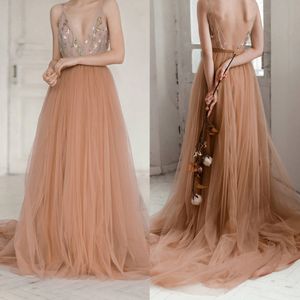 Nude Spaghetti Bretelles Boho Plage Robe De Mariée 2022 Été Automne Sexy Dos Nu Long Tulle Une Ligne Robes De Mariée Perlée Vintage Pays Robes De Mariée Sur Mesure