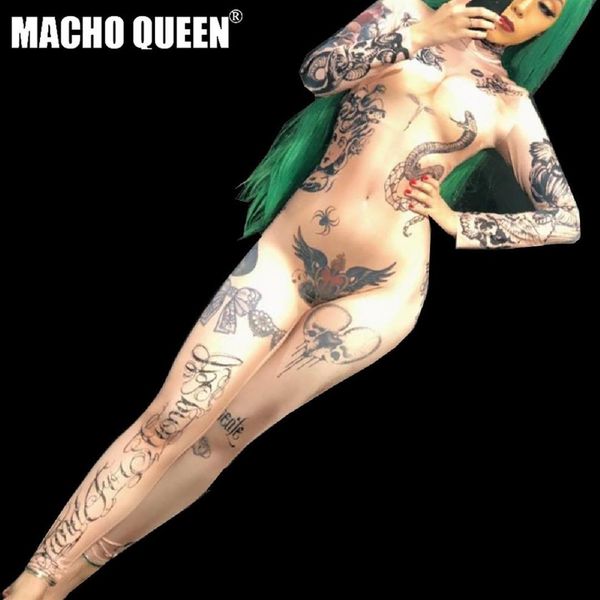 Nude Tattoo Imprimer Drag Queen Costumes Combinaison Body Celebrity Runway Femmes Outfit Fête D'anniversaire Wear227H