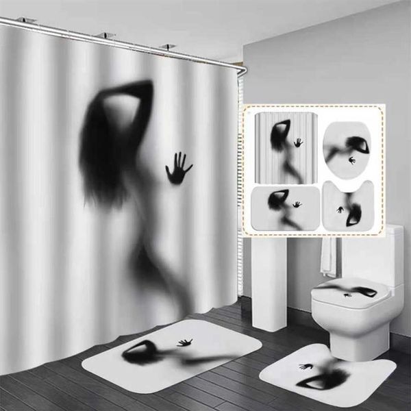 Rideau de douche ombre femmes nues avec crochet, ensemble de salle de bain fille Sexy, tapis antidérapant, couverture de toilette, tapis de bain pour décoration de maison 210609264F