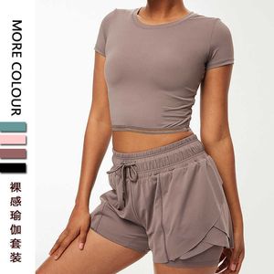 Femmes nues yoga ins course costume de fitness ouvert nombril à manches courtes haut cordon élastique short de sport sous-vêtements vêtements de sport femmes2024