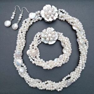 Nugget barok zoetwater parel vijf strengen gedraaid ketting armband oorbel witte parel sieraden set vrouwen sieraden